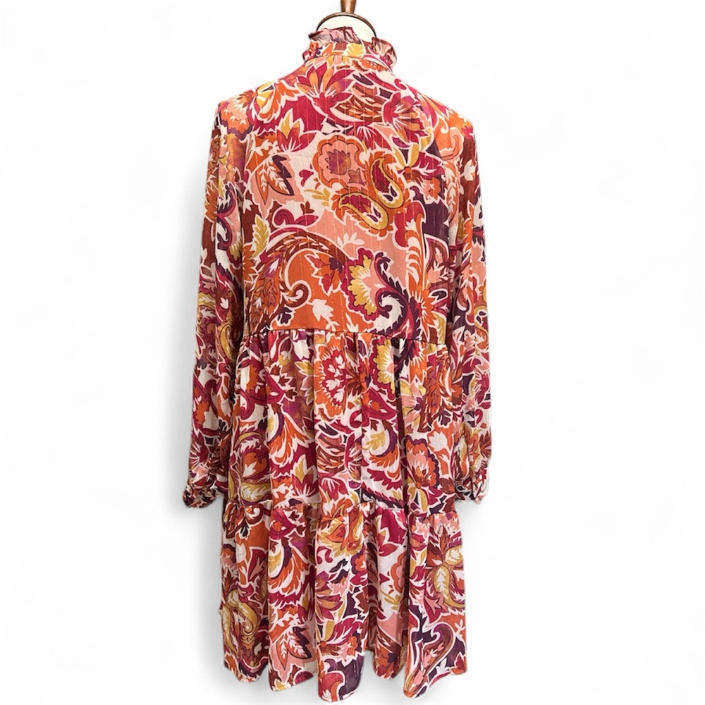 1.STATE Metallic Floral Tiered Mini Dress Size L | Ruffle Neck Sheer Long Sleeve - Picture 3 of 9